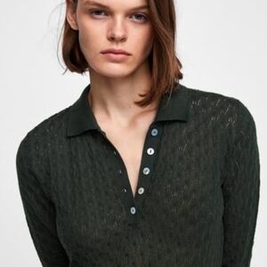 Zara Green Long Sleeve Ribbed Polo Shirt